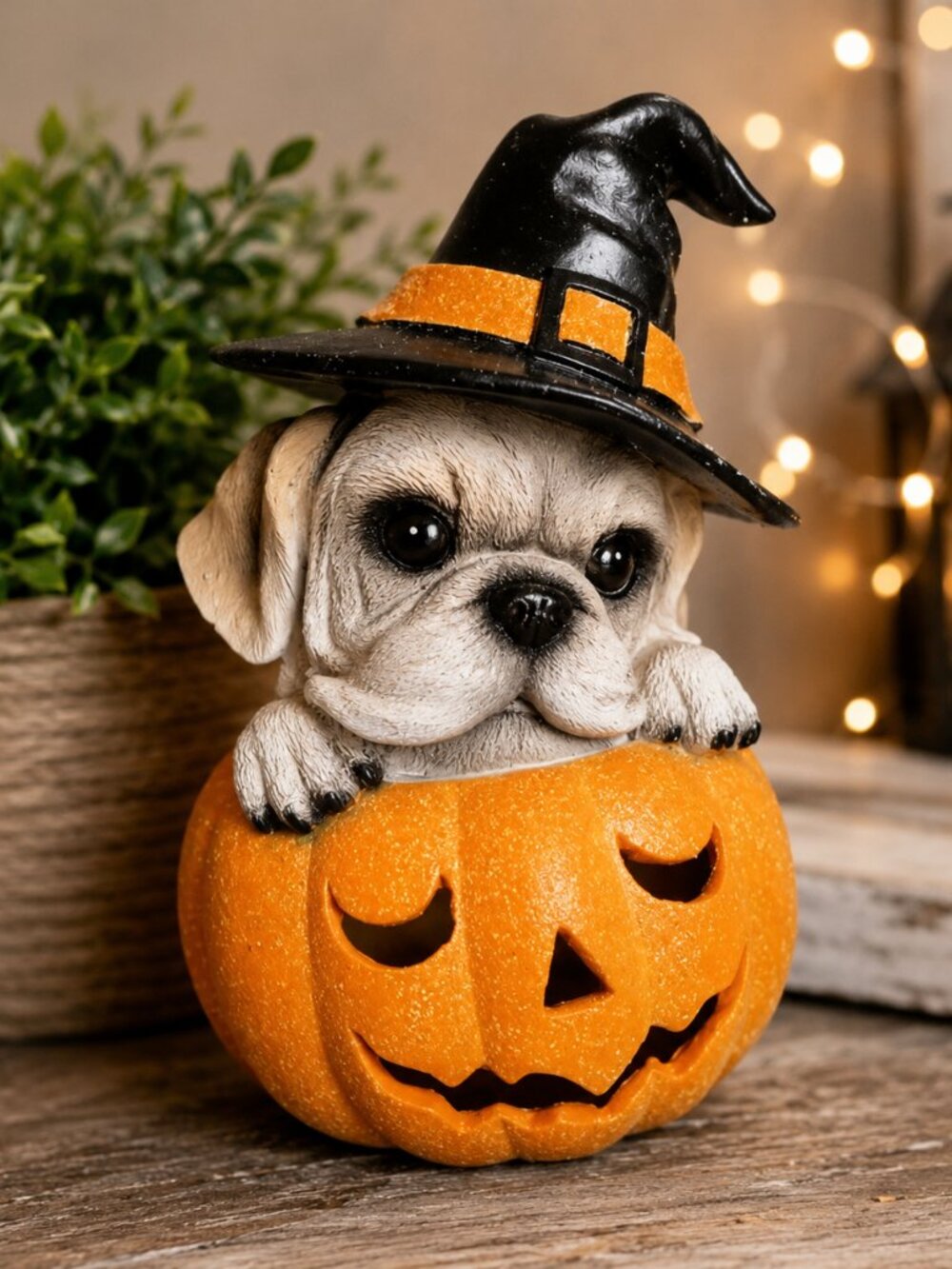 Halloween Witch Dog Light-Up Pumpkin Resin Statue Bulldog Pug Decor 9”